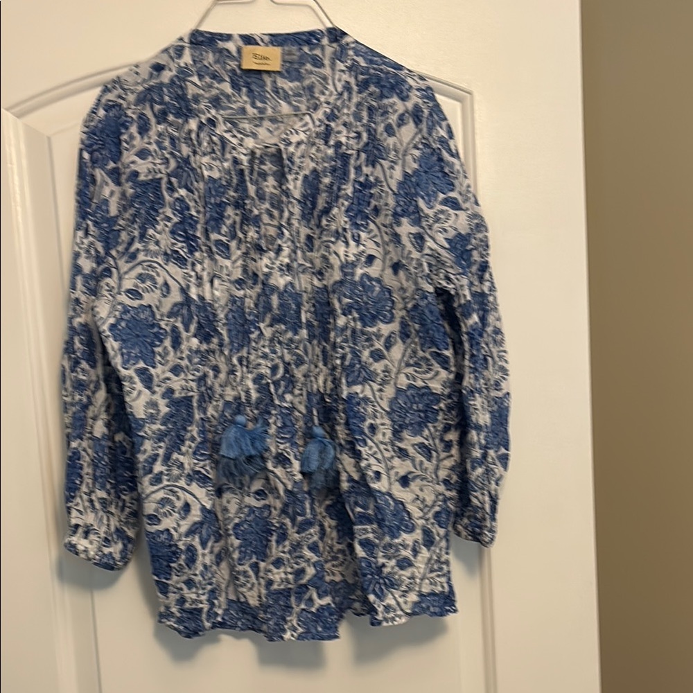 Elle  Blue and White Pleated Blouse with Mandarin Collar and tassel tie.